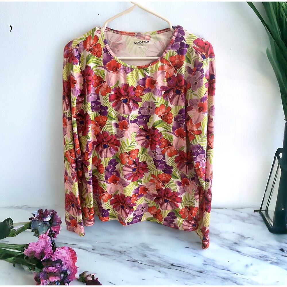 Womens Floral LANDS END Stretchy Long Sleeve Top Shirt SIZE Large 14 - 16 purple